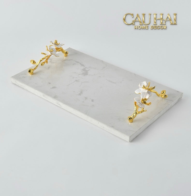 Maison Couture - Khay Đá Marble Chữ Nhật Haute Orchid Golden Branches Decorative Trays 22x37-CẬU HAI HOME DECOR