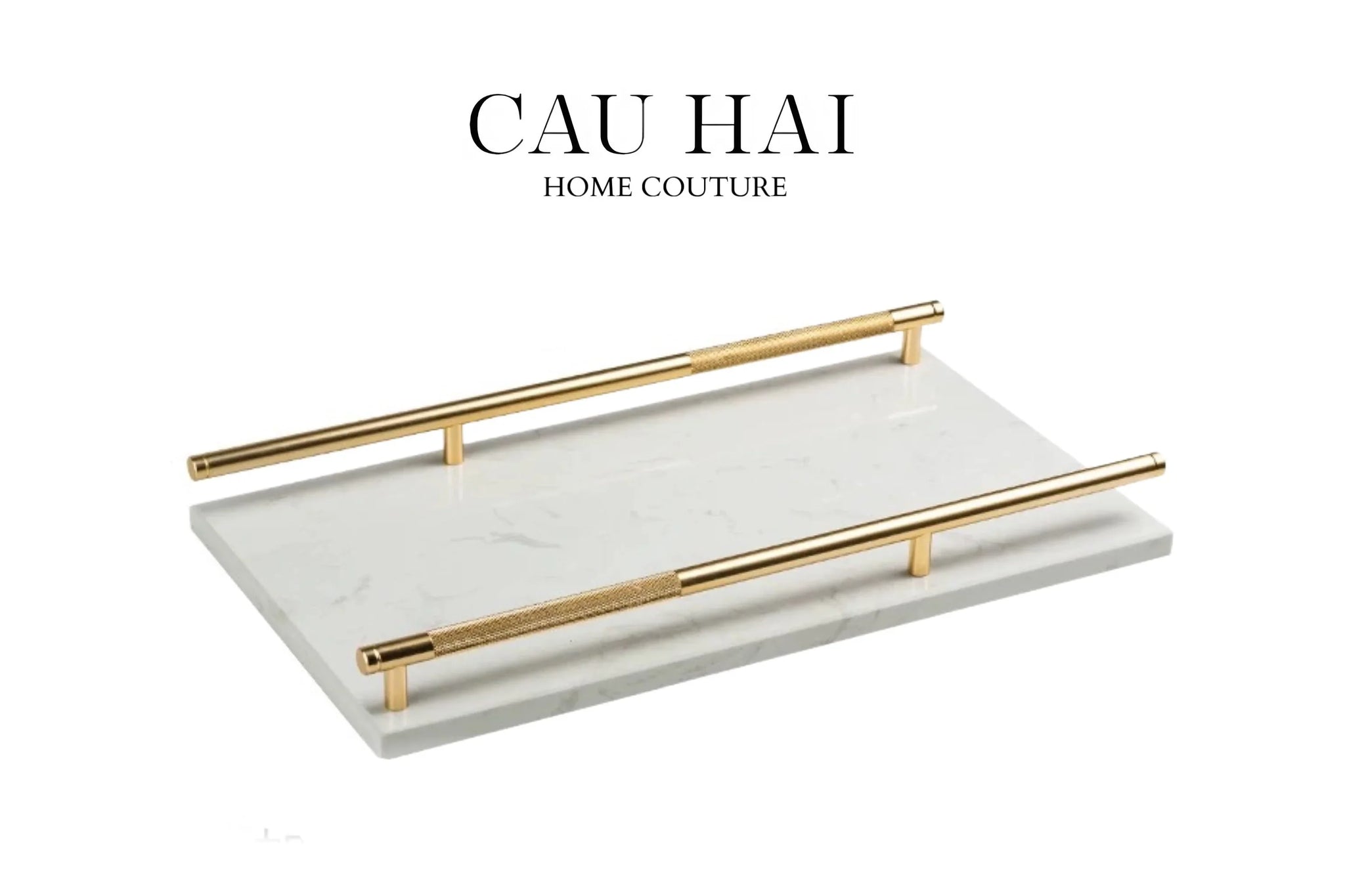 Maison Couture - Khay Đá Marble Chữ Nhật Pearl– Gold Ivory Handles 22×40-CẬU HAI HOME DECOR