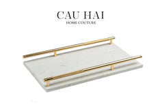 Maison Couture - Khay Đá Marble Chữ Nhật Pearl– Gold Ivory Handles 22×40-CẬU HAI HOME DECOR