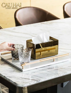 Maison Couture - Khay Đá Marble Chữ Nhật Pearl– Gold Ivory Handles 22×40-CẬU HAI HOME DECOR