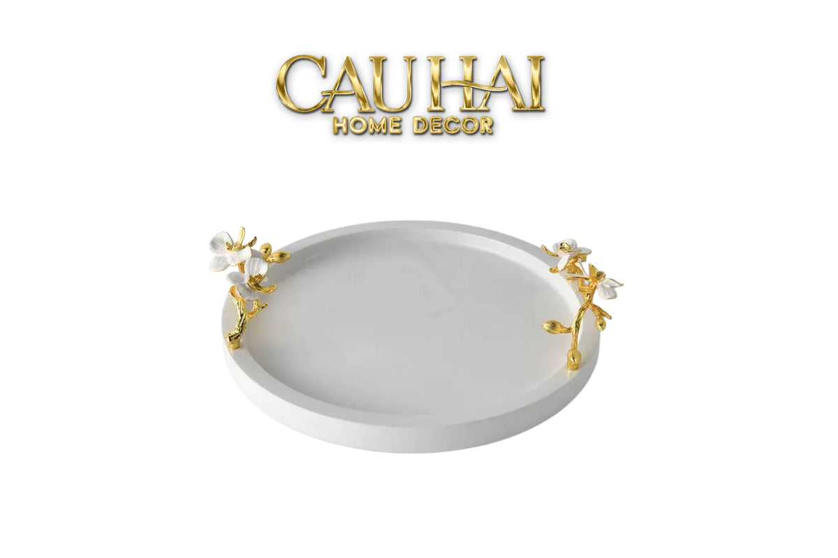 Maison Couture - Khay Đá Marble Tròn Haute Orchid Golden Branches Decorative Trays D32-KHAY TRANG TRÍ-CẬU HAI HOME DECOR