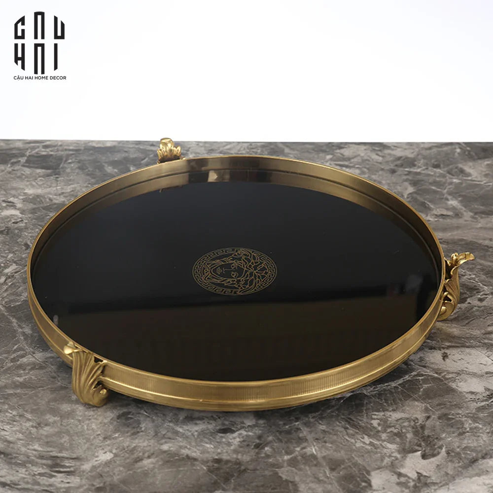 Maison Couture - Khay Gương Đen Tròn Brasson Barocco Medusa Savoir Mirron Ronde Plateau 32-CẬU HAI HOME DECOR