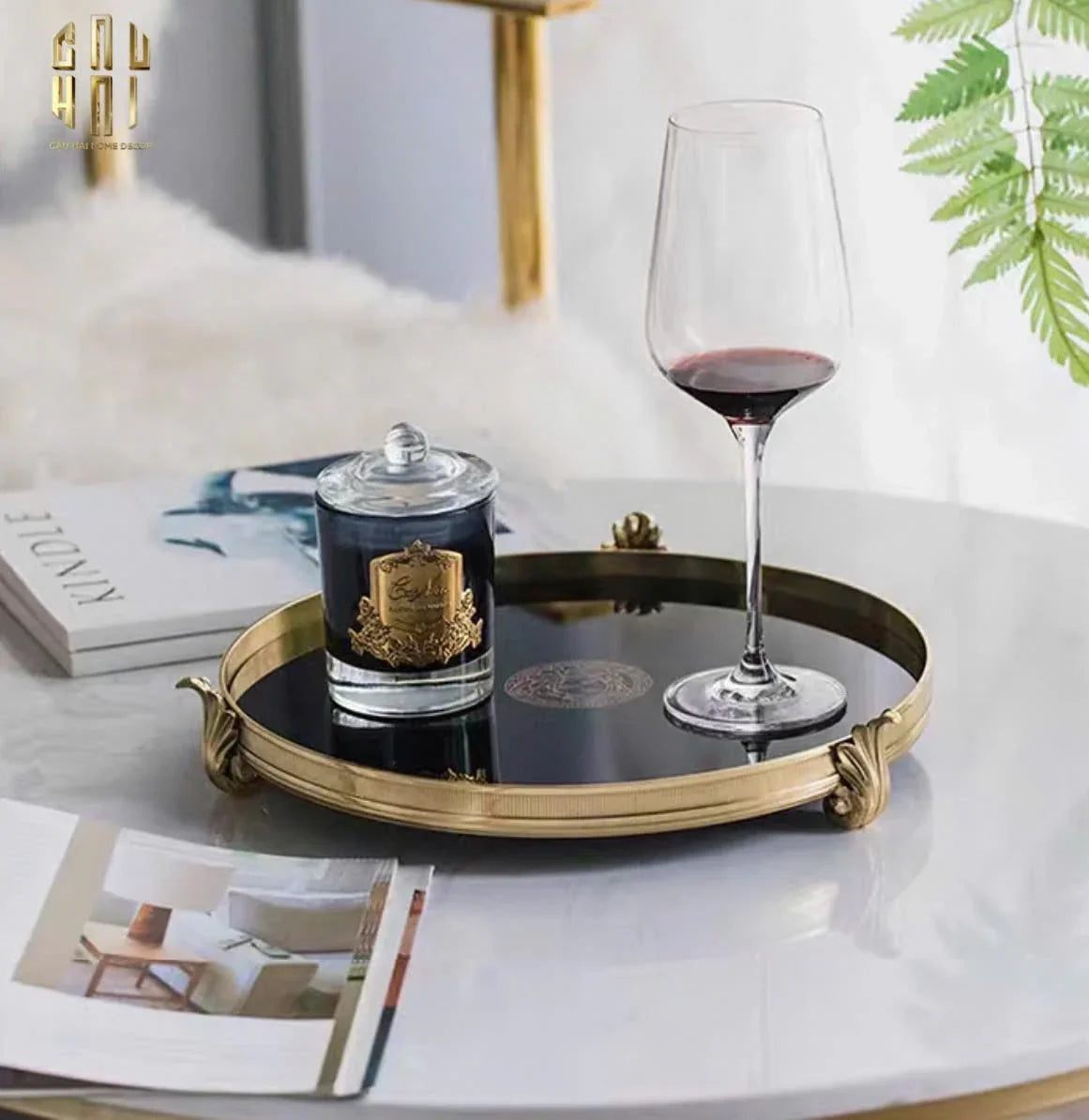 Maison Couture - Khay Gương Đen Tròn Brasson Barocco Medusa Savoir Mirron Ronde Plateau 32-CẬU HAI HOME DECOR