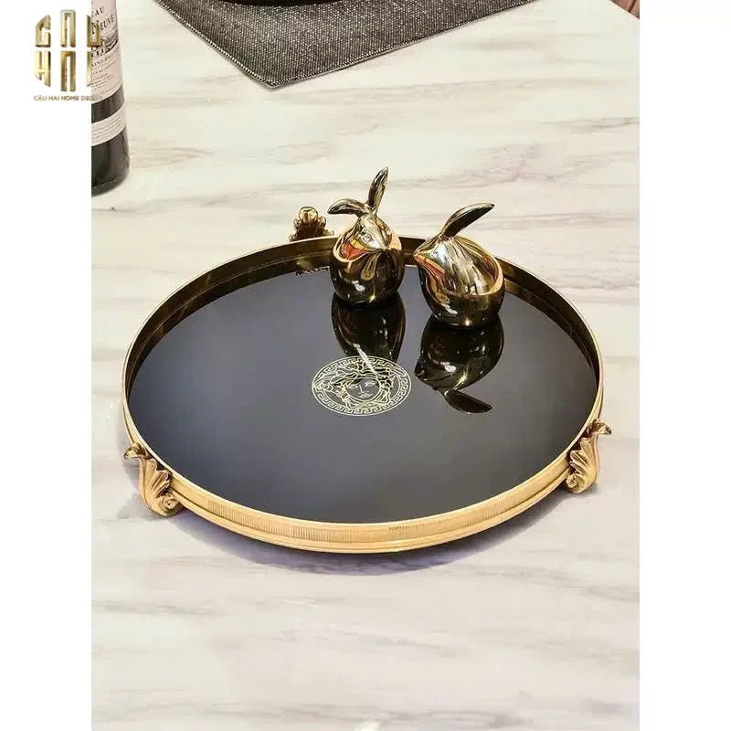 Maison Couture - Khay Gương Đen Tròn Brasson Barocco Medusa Savoir Mirron Ronde Plateau 32-CẬU HAI HOME DECOR