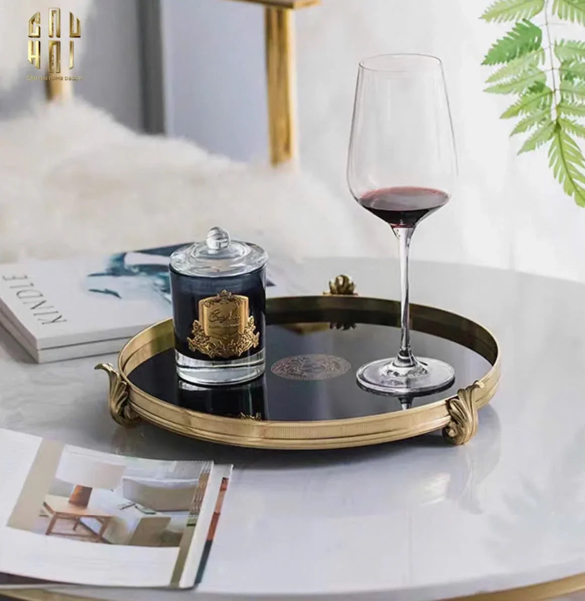 Maison Couture - Khay Gương Đen Tròn Brasson Barocco Medusa Savoir Mirron Ronde Plateau 32-CẬU HAI HOME DECOR