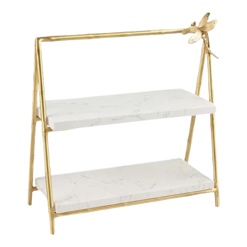 Maison Couture - Khay Kệ 2 Tầng Bằng Đồng Đá Marble Papillon Lumière Tiered Organizer 16.5x33.5x34-KHAY TRANG TRÍ-Đối tác tại Trung Quốc theo từng đơn đặt hàng-CẬU HAI HOME DECOR