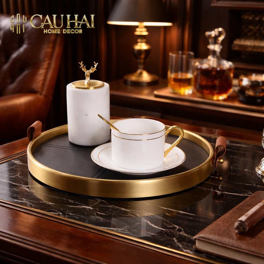 Maison Couture - Khay Tròn Bọc Da Viền Hợp Kim Gray Edin D36-CẬU HAI HOME DECOR