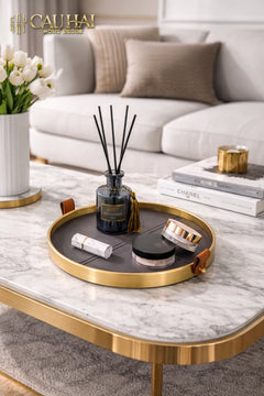 Maison Couture - Khay Tròn Bọc Da Viền Hợp Kim Gray Edin D36-CẬU HAI HOME DECOR