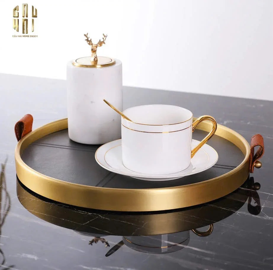 Maison Couture - Khay Tròn Bọc Da Viền Hợp Kim Gray Edin D36-CẬU HAI HOME DECOR