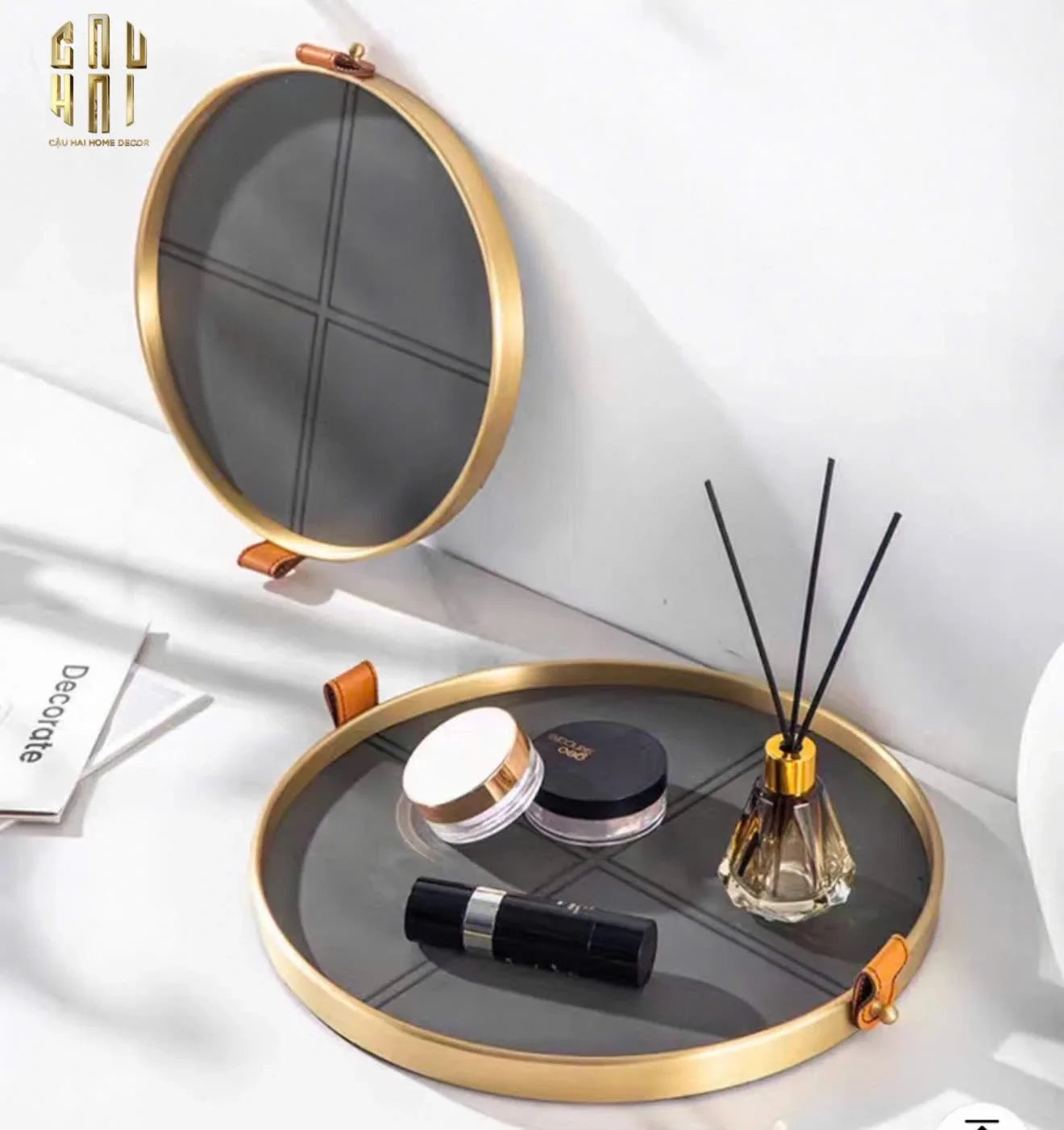 Maison Couture - Khay Tròn Bọc Da Viền Hợp Kim Gray Edin D36-CẬU HAI HOME DECOR