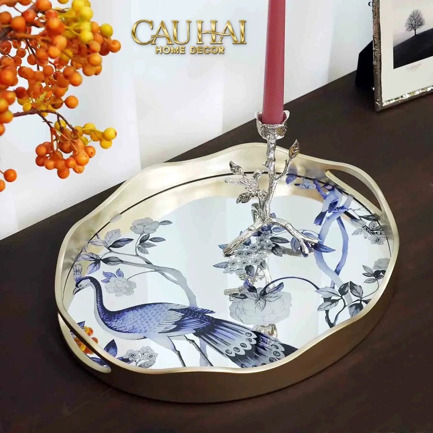 Maison Couture - Khay Tròn Khổng Tước Mirror Plateau Oval Paon Oriental 30X38-CẬU HAI HOME DECOR