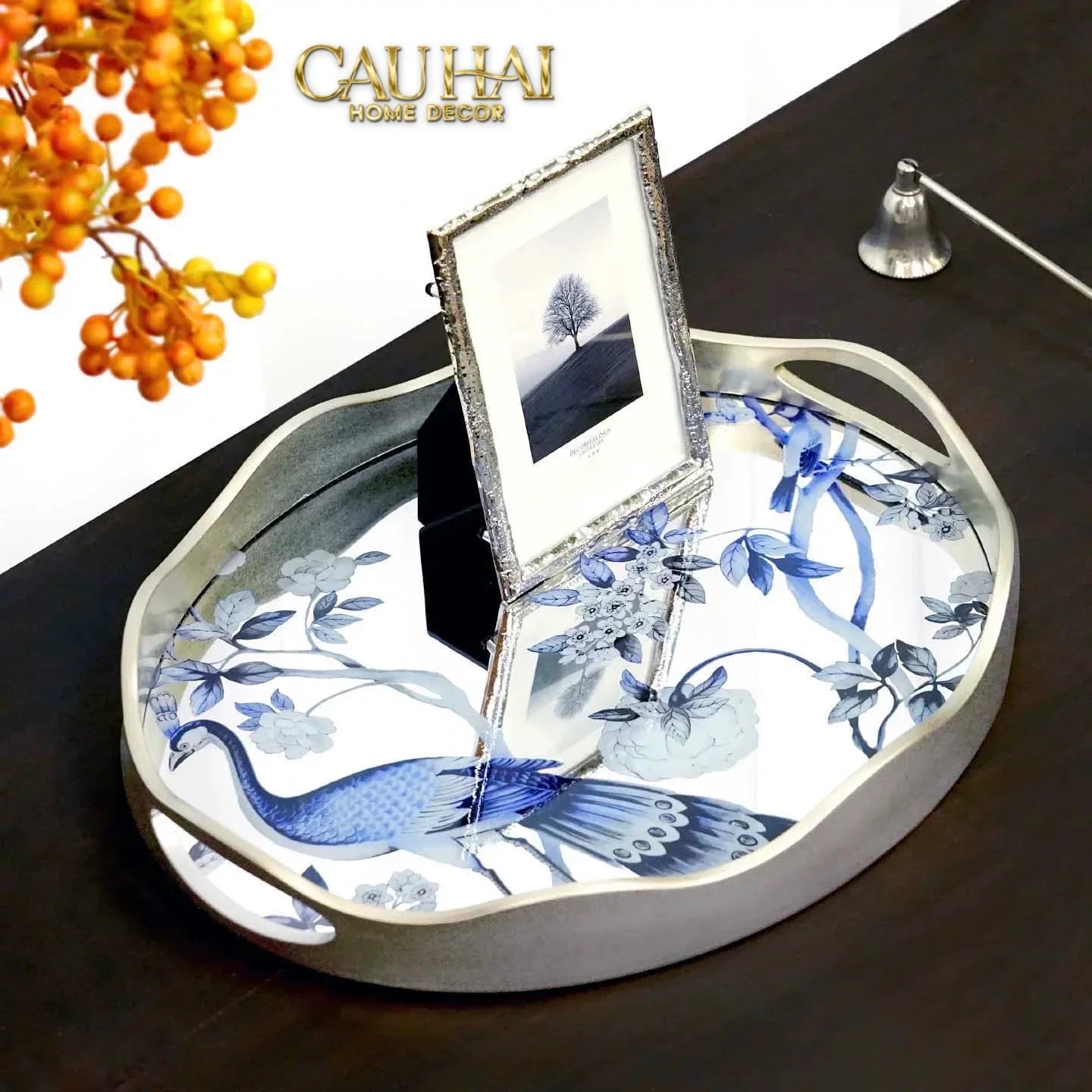 Maison Couture - Khay Tròn Khổng Tước Mirror Plateau Oval Paon Oriental 30X38-CẬU HAI HOME DECOR