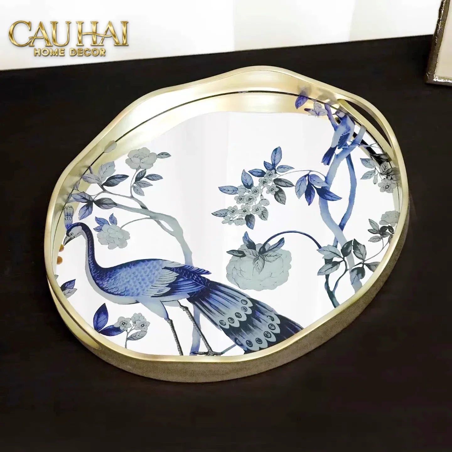 Maison Couture - Khay Tròn Khổng Tước Mirror Plateau Oval Paon Oriental 30X38-CẬU HAI HOME DECOR