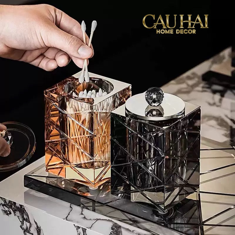 Maison Couture - Lọ Tăm Bông Pha Lê - Cristalleries Obsidian Cube - Smoky Vanity Ritual Set 9x14-CẬU HAI HOME DECOR