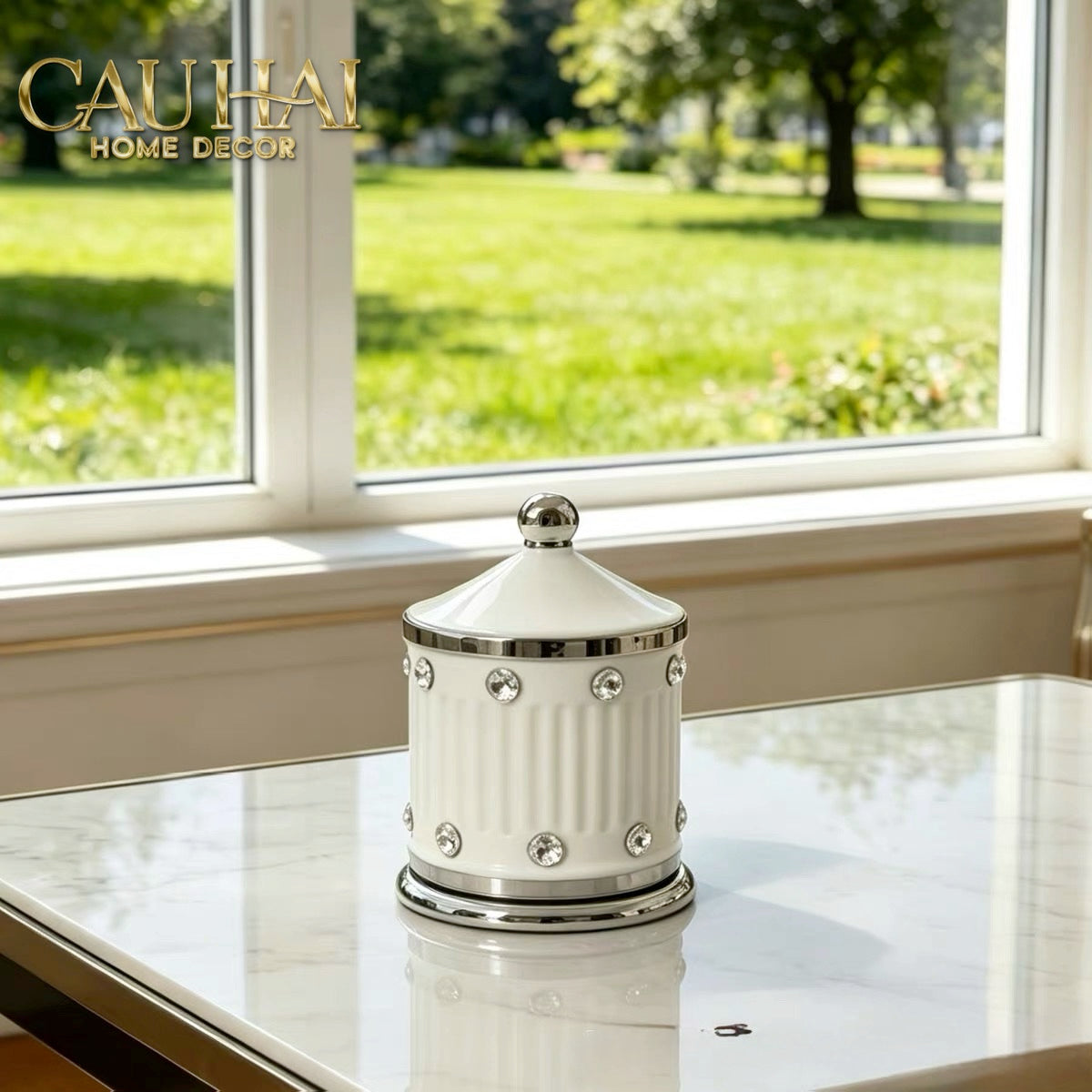 Maison Couture - Lọ Tăm Sứ Đính Đá Bijou Ivoire Argent-Lọ Tăm bông - Bathroom Vanity-CẬU HAI HOME DECOR