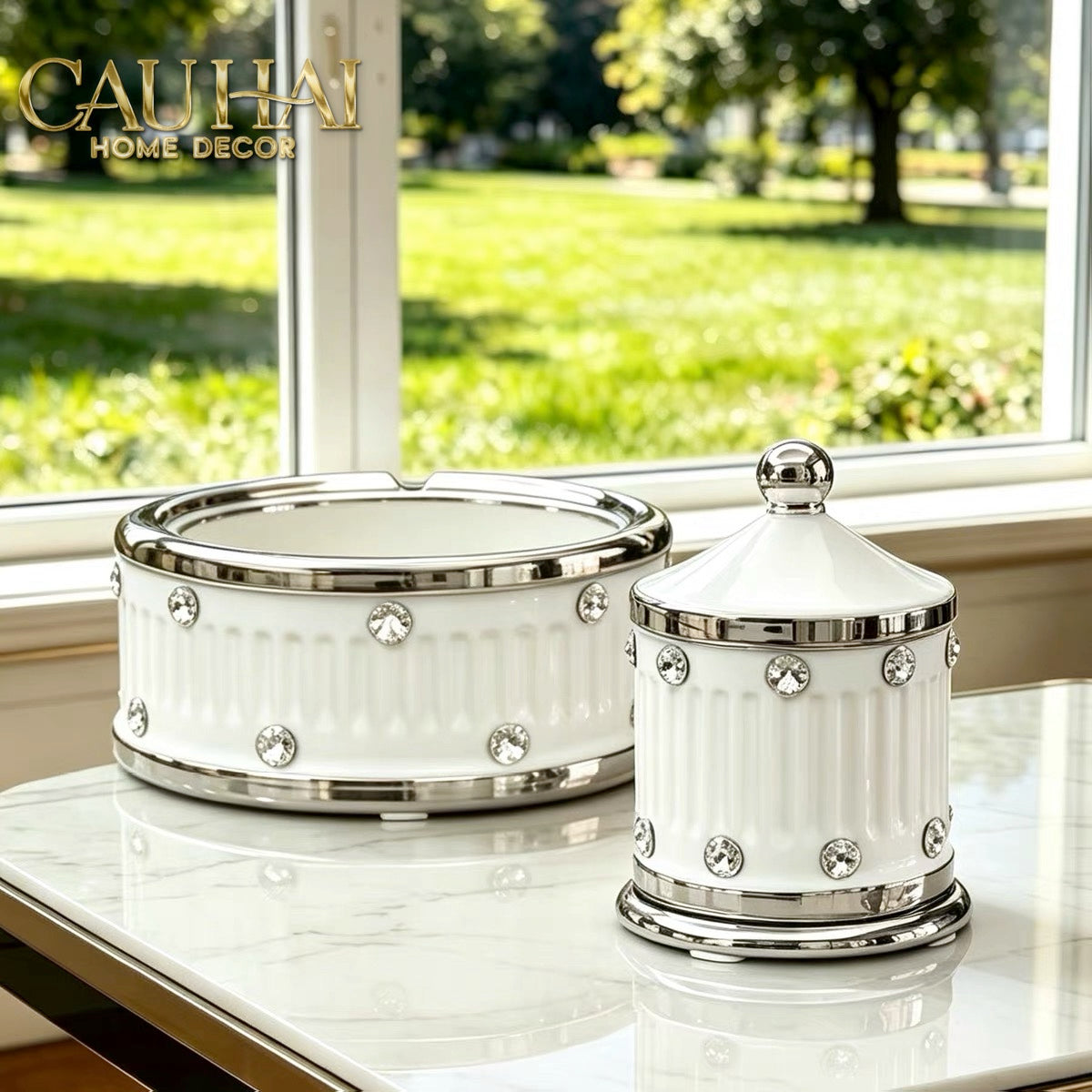 Maison Couture - Lọ Tăm Sứ Đính Đá Bijou Ivoire Argent-Lọ Tăm bông - Bathroom Vanity-CẬU HAI HOME DECOR