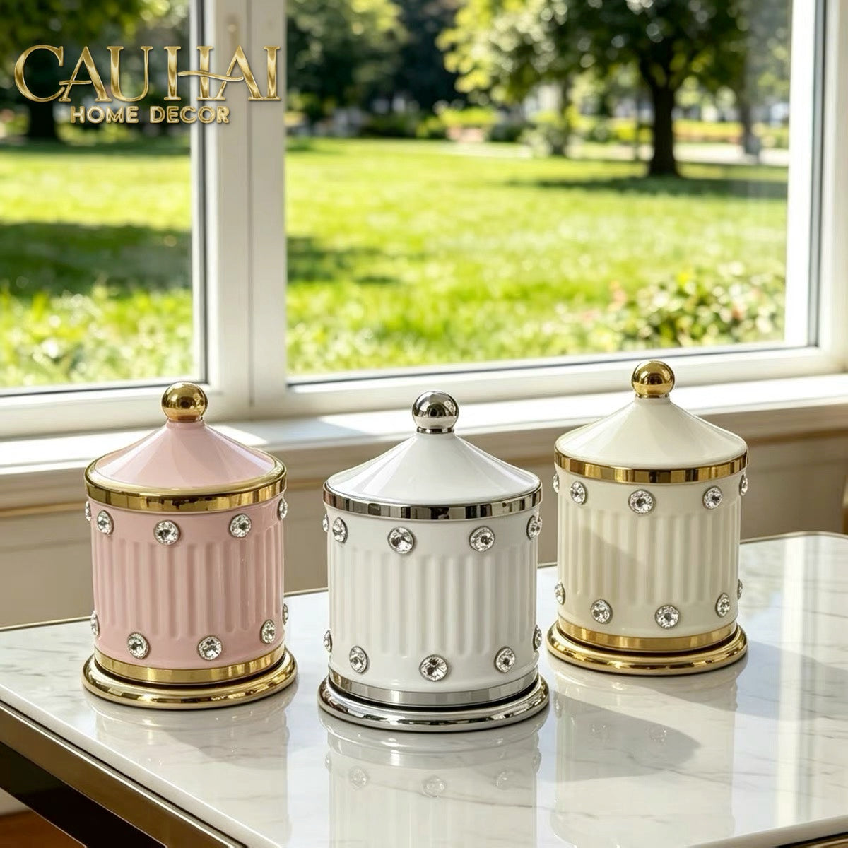 Maison Couture - Lọ Tăm Sứ Đính Đá Bijou Ivoire Argent-Lọ Tăm bông - Bathroom Vanity-CẬU HAI HOME DECOR