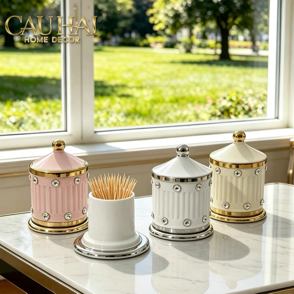 Maison Couture - Lọ Tăm Sứ Đính Đá Bijou Ivoire Argent-Lọ Tăm bông - Bathroom Vanity-CẬU HAI HOME DECOR