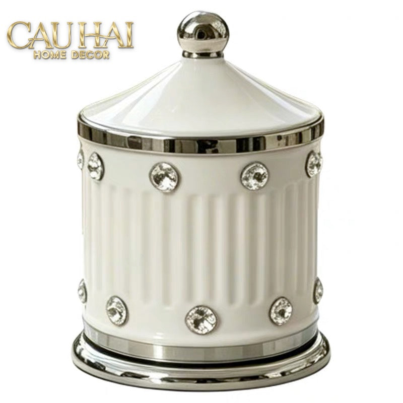 Maison Couture - Lọ Tăm Sứ Đính Đá Bijou Ivoire Argent-Lọ Tăm bông - Bathroom Vanity-CẬU HAI HOME DECOR