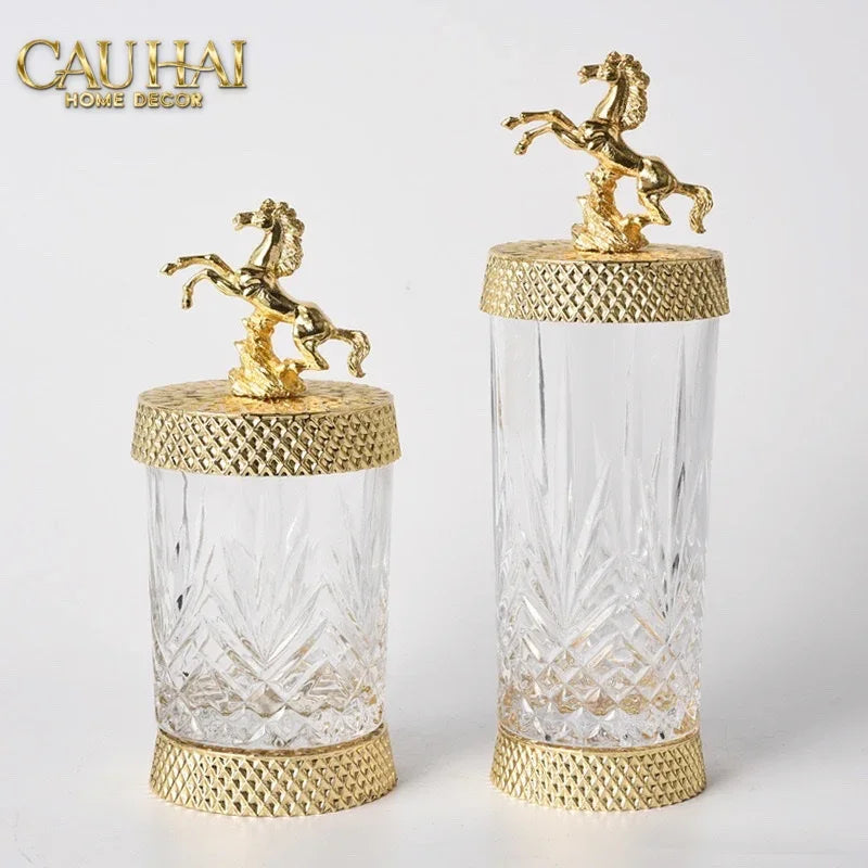 Maison Couture - Set 2 Lọ Kẹo Pha Lê Phối Đồng Cheval Cabré – Brasson Cristalleries Canister 9x20/25-CẬU HAI HOME DECOR