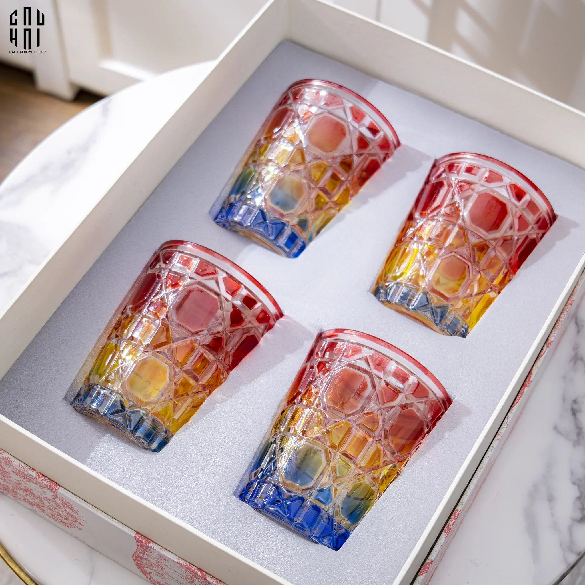 Maison Couture - Set 2 Ly Cocktail Thuỷ Tinh 7 Màu D'Or Diamant Facetté Lumière-CẬU HAI HOME DECOR