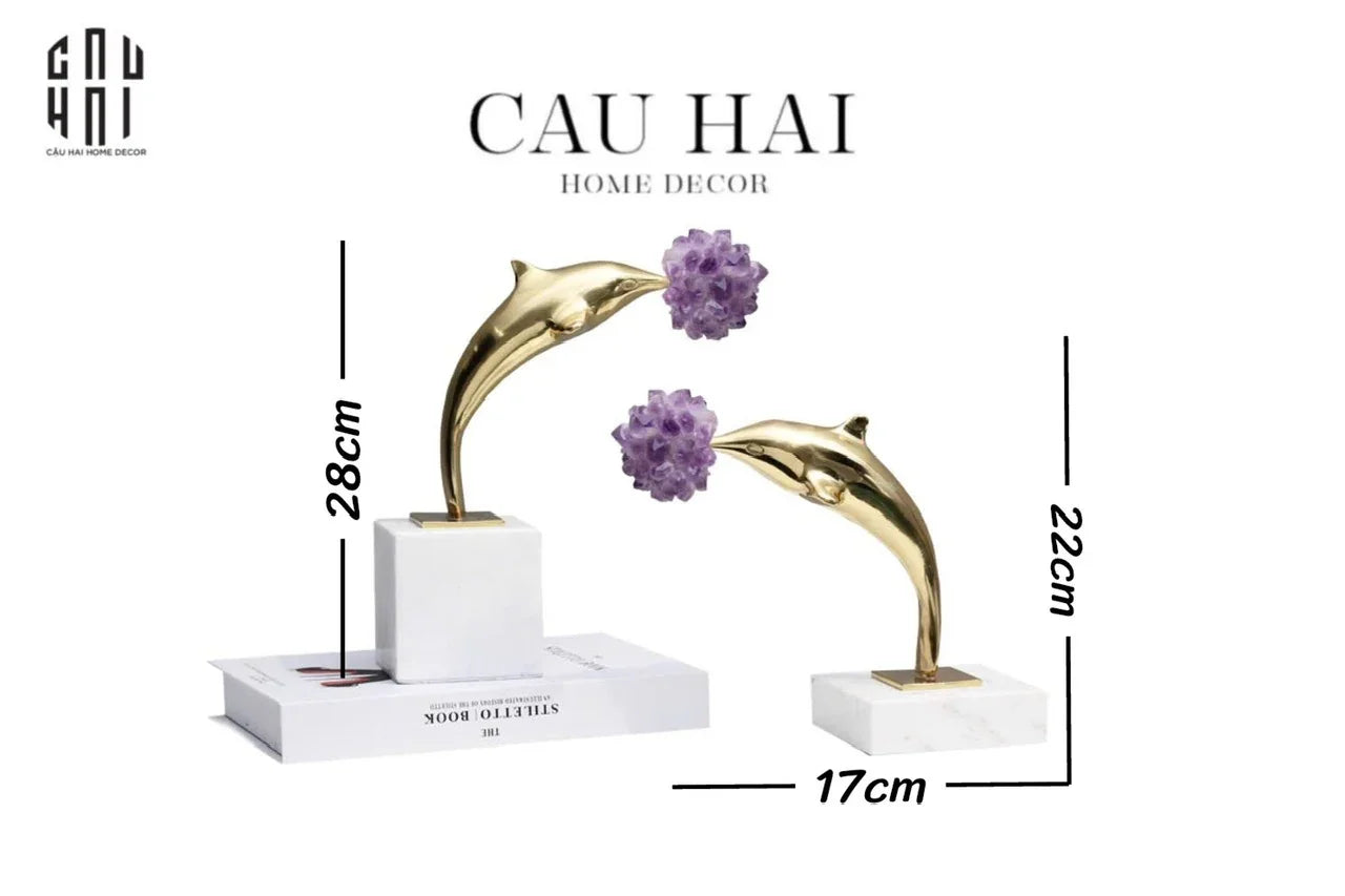Maison Couture - Set 2 Tượng Cá Heo Bằng Đồng Đá Thạch Anh Tím - Brasson Dolphin Serendipity Amethyst 17x22/28-CẬU HAI HOME DECOR