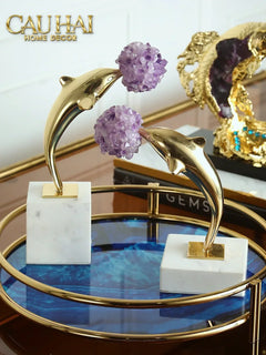 Maison Couture - Set 2 Tượng Cá Heo Bằng Đồng Đá Thạch Anh Tím - Brasson Dolphin Serendipity Amethyst 17x22/28-CẬU HAI HOME DECOR