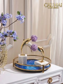 Maison Couture - Set 2 Tượng Cá Heo Bằng Đồng Đá Thạch Anh Tím - Brasson Dolphin Serendipity Amethyst 17x22/28-CẬU HAI HOME DECOR