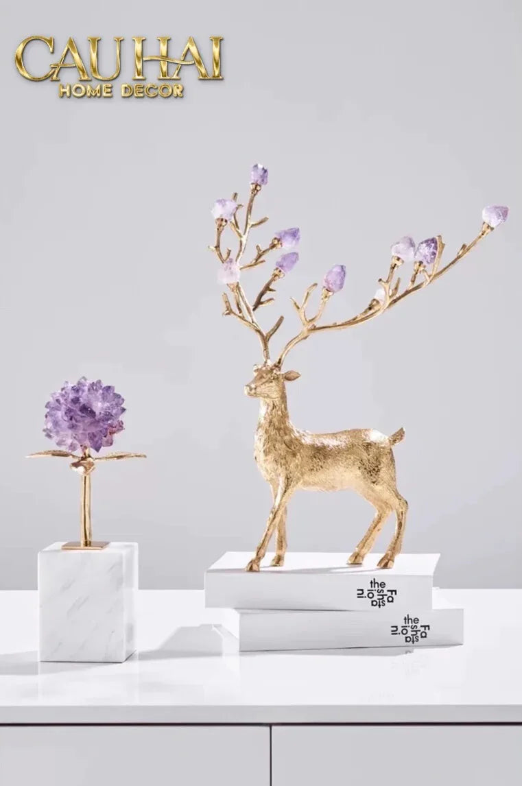Maison Couture - Set 2 Tượng Đồng Thiên Hươu Amethyst Celestial Guardian Of Caladenia H25 H40-TƯỢNG TRANG TRÍ-CẬU HAI HOME DECOR
