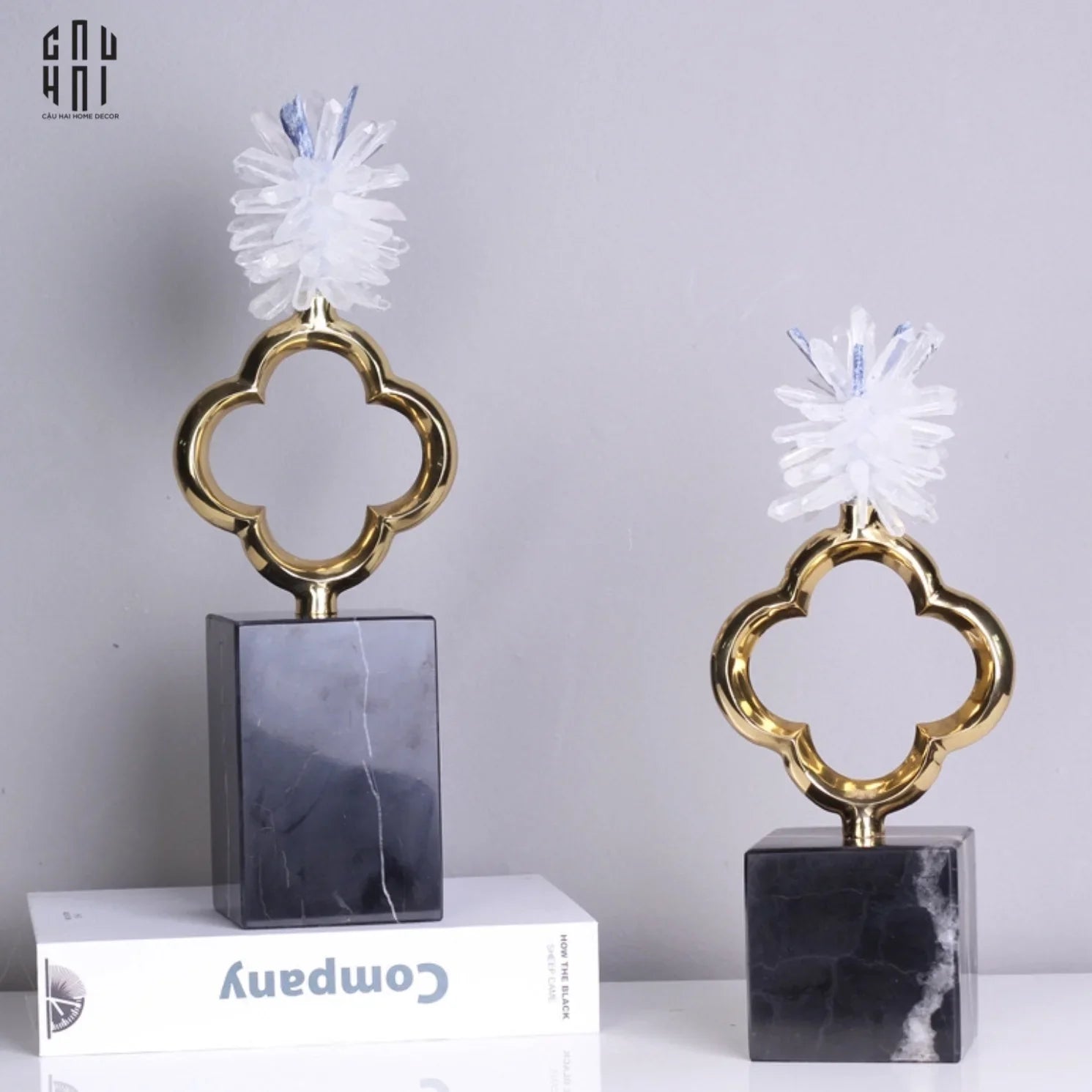 Maison Couture - Set 2 Tượng Hoa 4 Cánh Bằng Đồng Avalon Clover White Quartz 13x30-CẬU HAI HOME DECOR