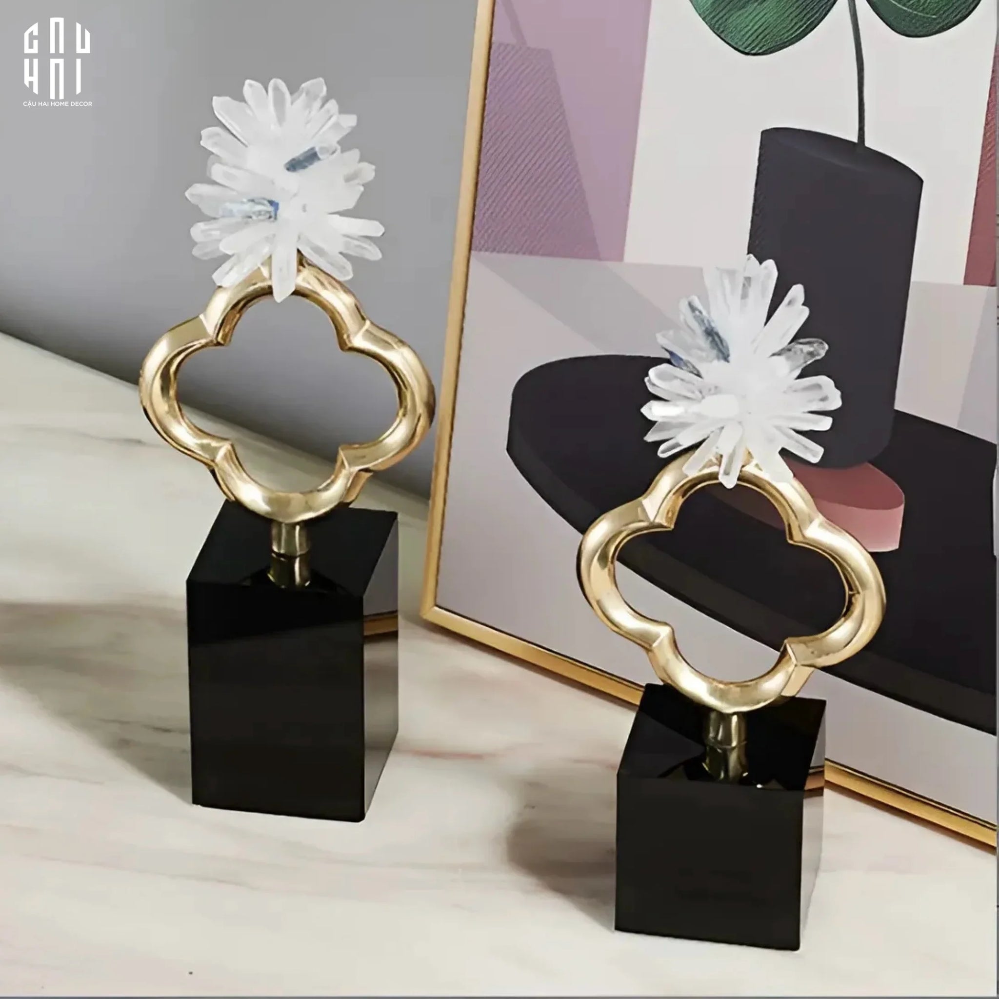 Maison Couture - Set 2 Tượng Hoa 4 Cánh Bằng Đồng Avalon Clover White Quartz 13x30-CẬU HAI HOME DECOR