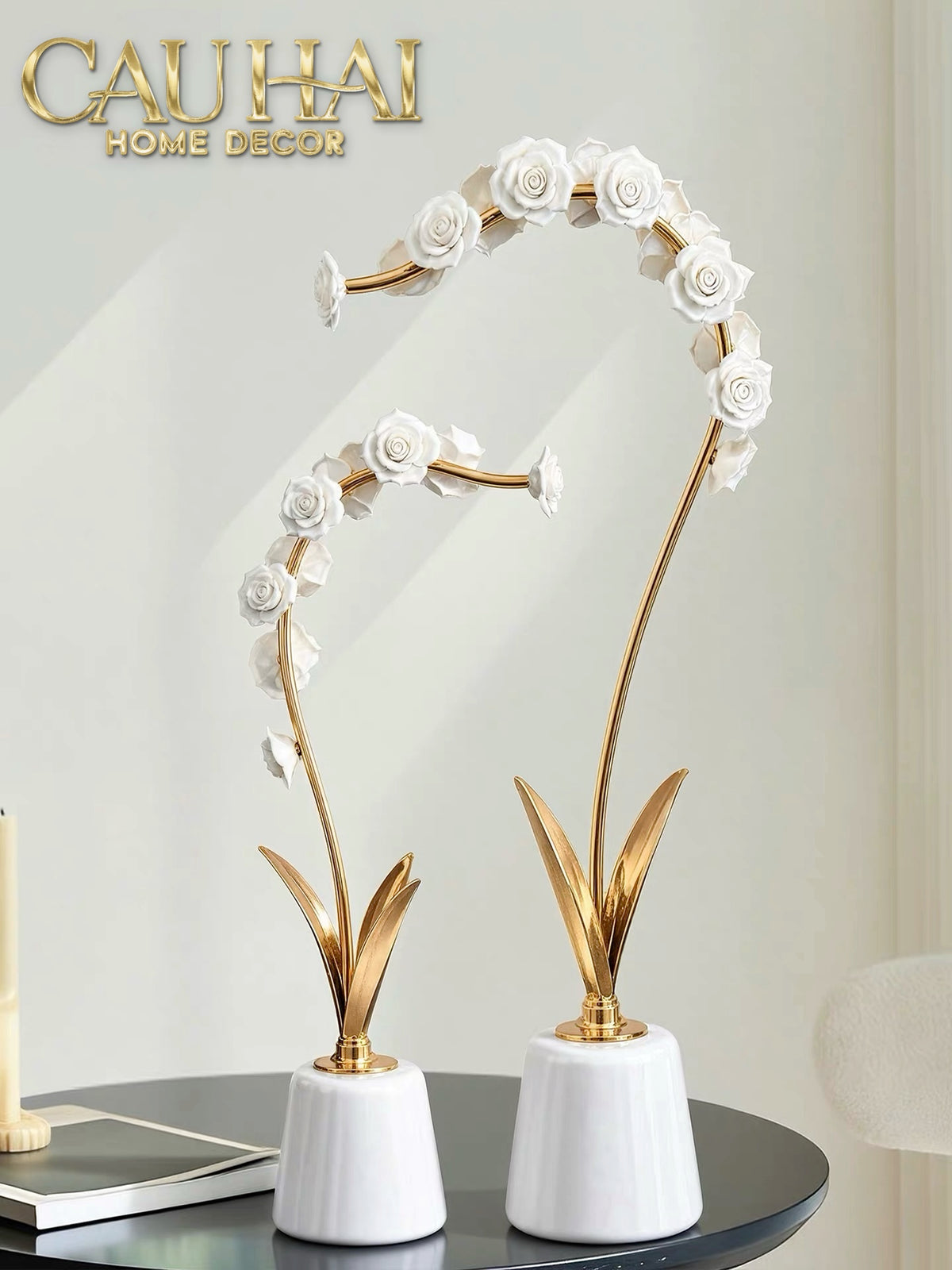 Maison Couture - Set 2 Tượng Hoa Hồng Gốm Sứ Roseraie Blanche D'Or 2pcs-Tượng Decor-CẬU HAI HOME DECOR-CẬU HAI HOME DECOR