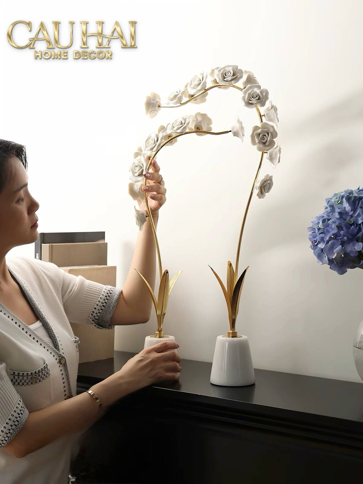Maison Couture - Set 2 Tượng Hoa Hồng Gốm Sứ Roseraie Blanche D'Or 2pcs-Tượng Decor-CẬU HAI HOME DECOR-CẬU HAI HOME DECOR