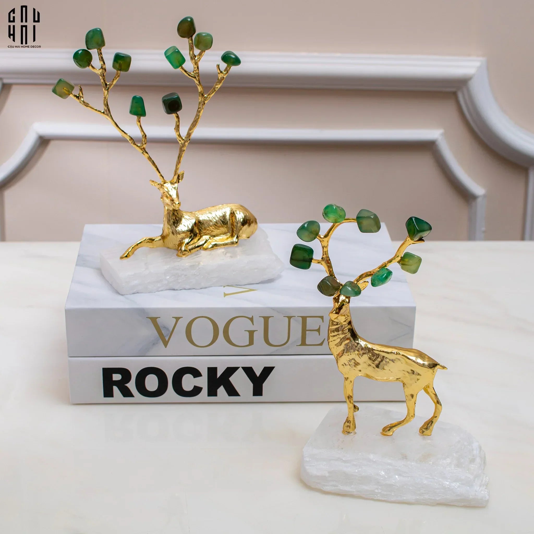 Maison Couture - Set 2 Tượng Hươu Đồng Đá Florite Green Đế Đá Quartz- Jupiter Elks Duo Deity 15x21 14x20-CẬU HAI HOME DECOR