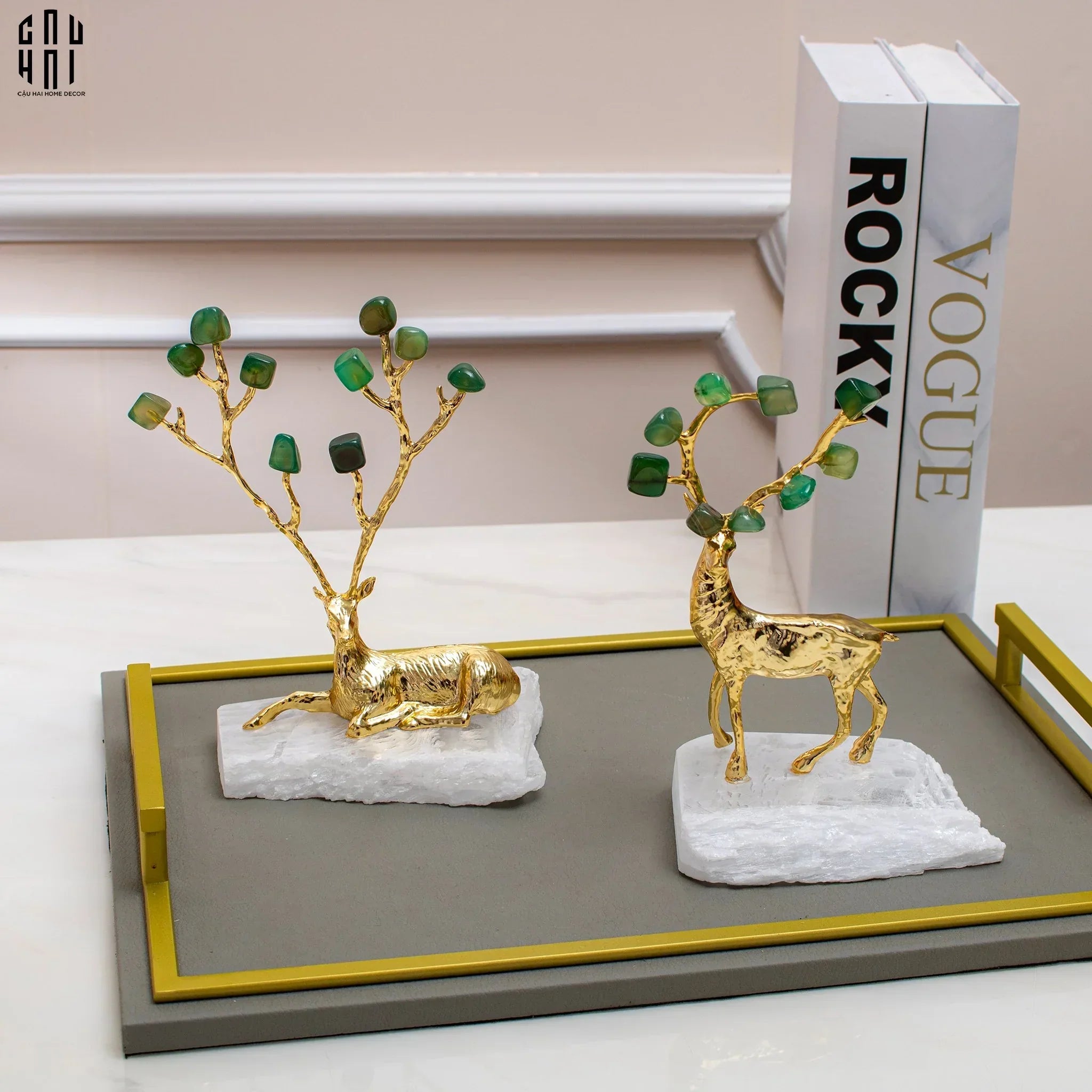 Maison Couture - Set 2 Tượng Hươu Đồng Đá Florite Green Đế Đá Quartz- Jupiter Elks Duo Deity 15x21 14x20-CẬU HAI HOME DECOR