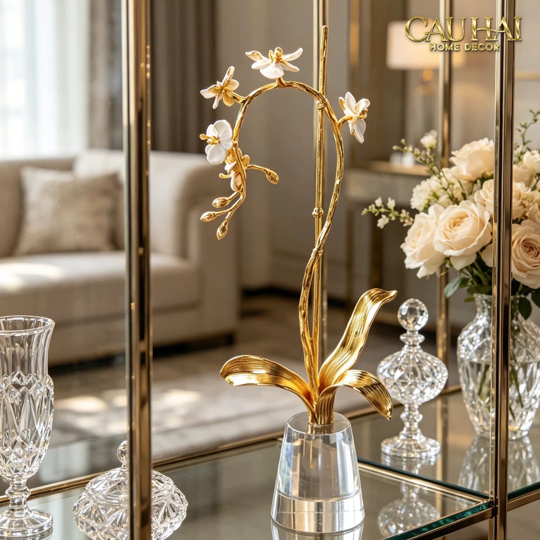 Maison Couture - Set 2 Tượng Kim Điệp Phúc Lâm Haute Orchid Golden Branches H41 / H31-TƯỢNG TRANG TRÍ-CẬU HAI HOME DECOR