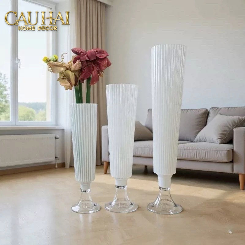 Maison Couture - Set 3 Bình Hoa Thuỷ Tinh Blanc Perle Fluted Cristalleries Vases 55 / 65 / 80 - CẬU HAI HOME DECOR
