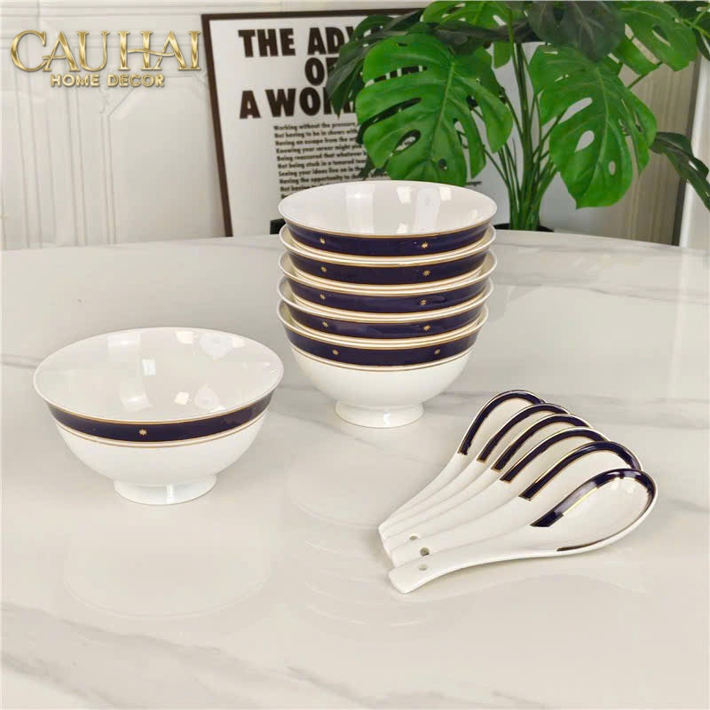 Maison Couture - Set 6 Chén Kèm Muỗng Sứ Belle Vie Luxe Blanc & Bleu Minuit Signature 12 Pcs-SET CHÉN DĨA-CẬU HAI HOME DECOR-CẬU HAI HOME DECOR