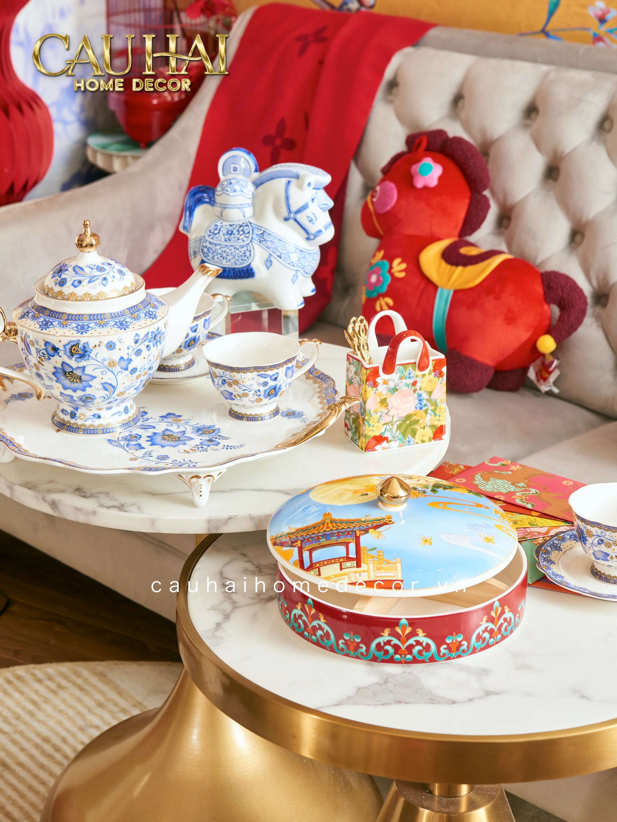 Maison Couture – Set Bình Trà Khay Sứ 6 Tách Indochine Héritage Indigo Blue Floral Porcelain 10Pcs-CẬU HAI HOME DECOR