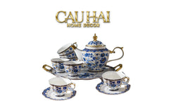 Maison Couture – Set Bình Trà Khay Sứ 6 Tách Indochine Héritage Indigo Blue Floral Porcelain 10Pcs-CẬU HAI HOME DECOR