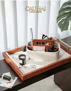 Maison Couture - Set Khay Hộp Giấy Canvas Lux Leather Havana 3Pcs-CẬU HAI HOME DECOR