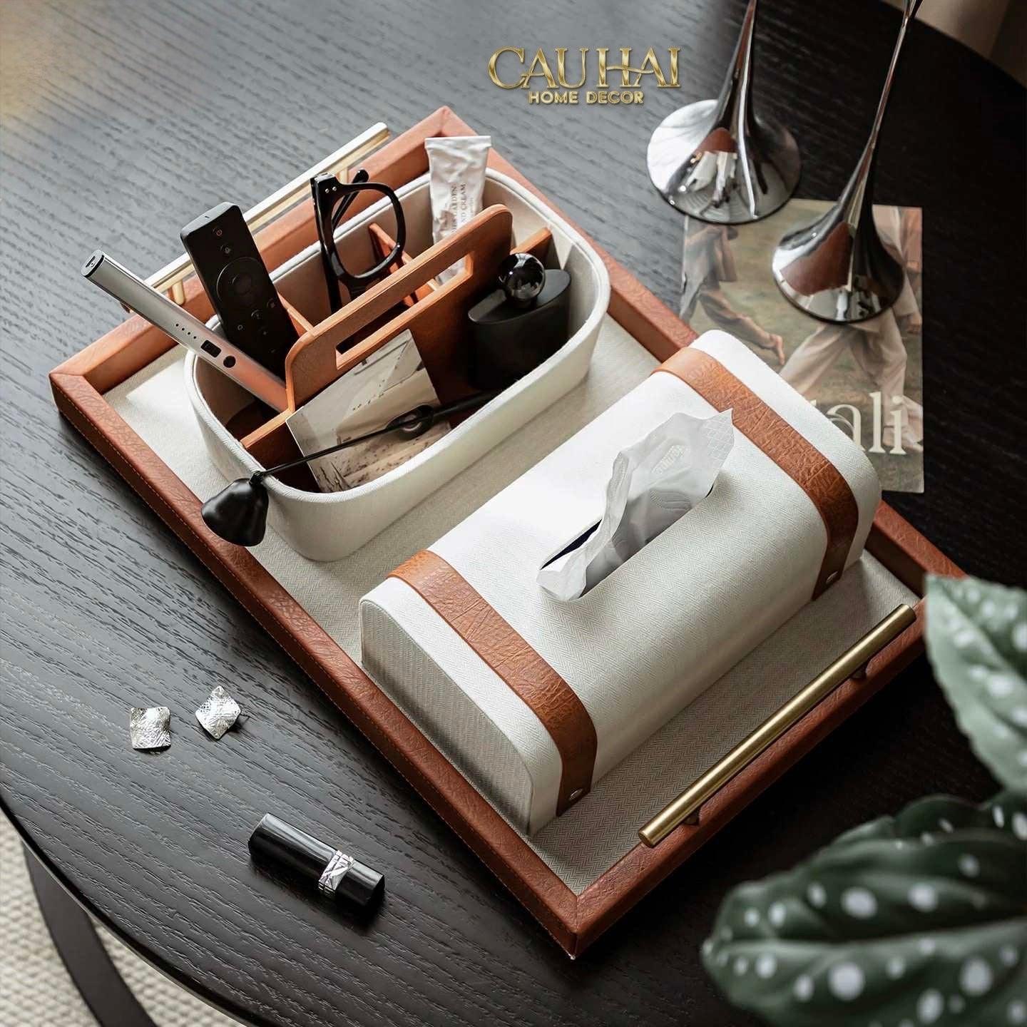 Maison Couture - Set Khay Hộp Giấy Canvas Lux Leather Havana 3Pcs-CẬU HAI HOME DECOR
