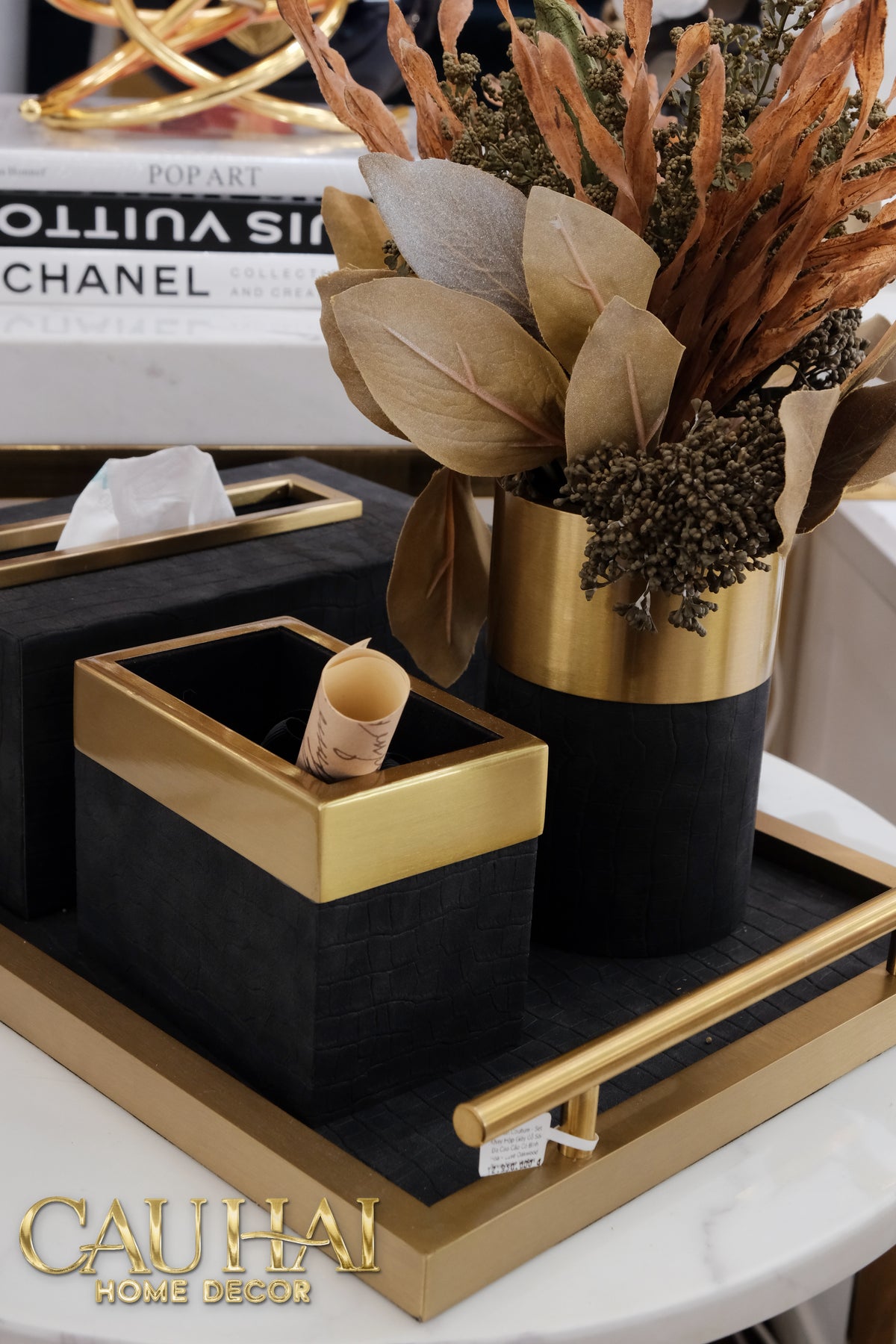 Maison Couture - Set Khay Hộp Giấy Gỗ Sồi Da Cao Cấp Có Bình Hoa - Luxe Oakwood Birkin Noire Vanities 4Pcs 30x40-CẬU HAI HOME DECOR
