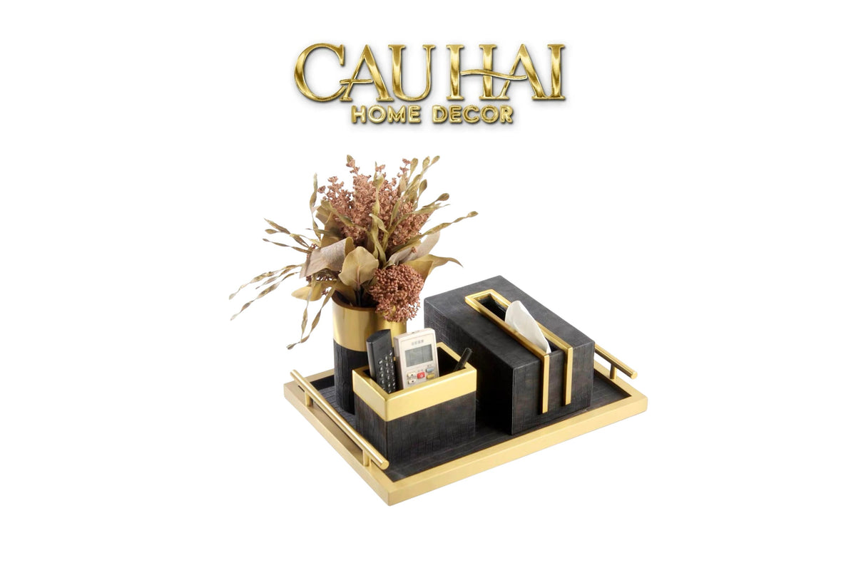 Maison Couture - Set Khay Hộp Giấy Gỗ Sồi Da Cao Cấp Có Bình Hoa - Luxe Oakwood Birkin Noire Vanities 4Pcs 30x40-CẬU HAI HOME DECOR