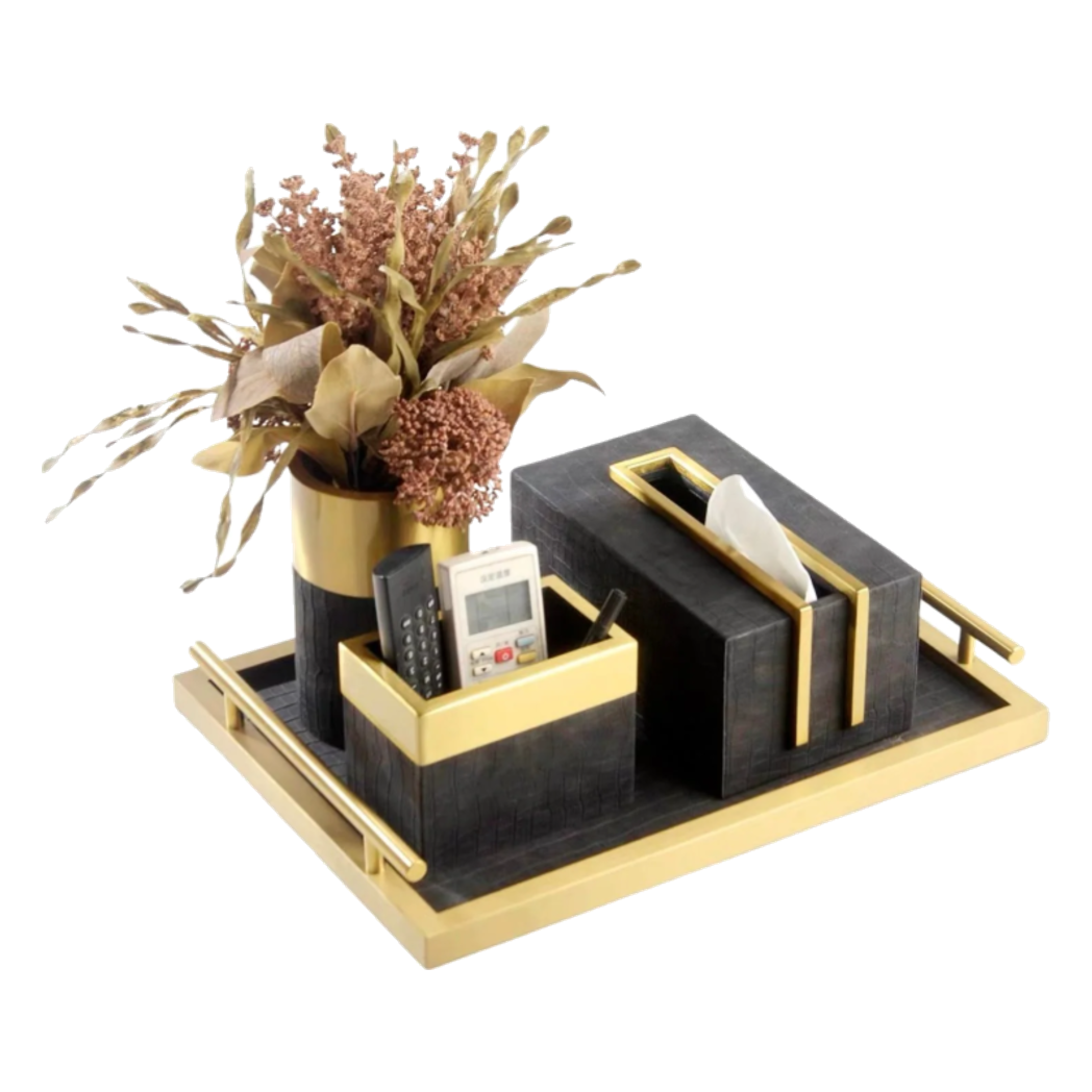 Maison Couture - Set Khay Hộp Giấy Gỗ Sồi Da Cao Cấp Có Bình Hoa - Luxe Oakwood Birkin Noire Vanities 4Pcs 30x40-CẬU HAI HOME DECOR