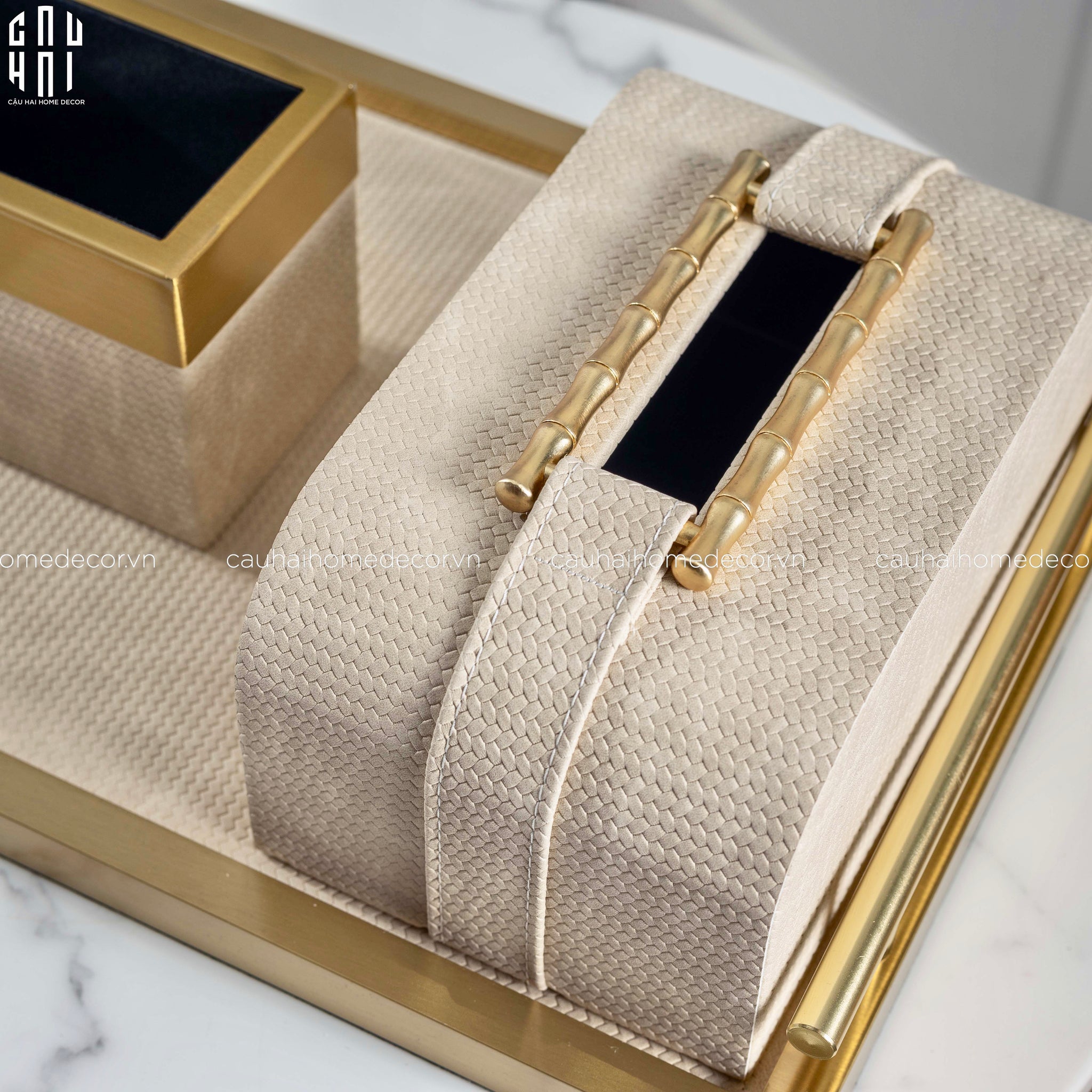 Maison Couture - Set Khay Hộp Giấy Gỗ Sồi  Da Cao Cấp  Héritage Bamboo  3Pcs 30x40 - Dolce Latte