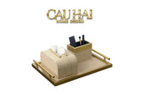 Maison Couture - Set Khay Hộp Giấy Gỗ Sồi Da Cao Cấp Héritage Bamboo 3Pcs 30x40 - Dolce Latte-HỘP KHĂN GIẤY-CẬU HAI HOME DECOR