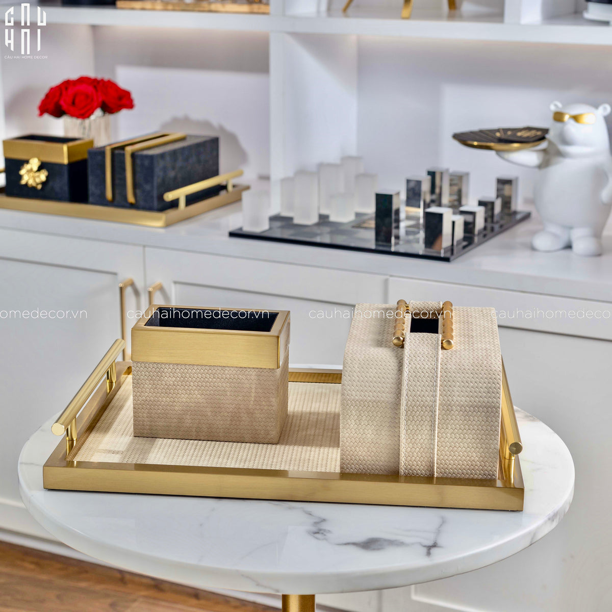 Maison Couture - Set Khay Hộp Giấy Gỗ Sồi Da Cao Cấp Héritage Bamboo 3Pcs 30x40 - Dolce Latte-HỘP KHĂN GIẤY-Đối tác tại Trung Quốc theo từng đơn đặt hàng-CẬU HAI HOME DECOR