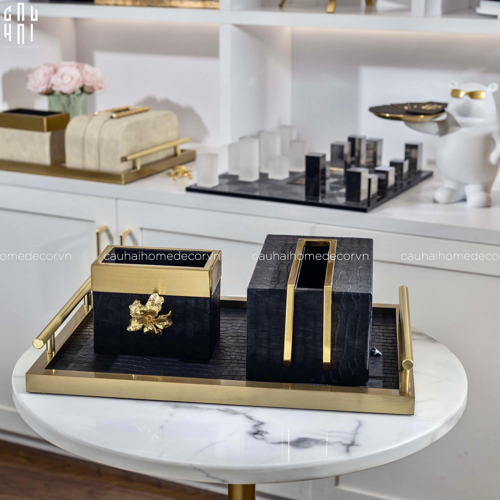 Maison Couture - Set Khay Hộp Giấy Gỗ Sồi Da Cao Cấp - Luxe Oakwood Birkin Noire Vanities 3Pcs 30x40-CẬU HAI HOME DECOR