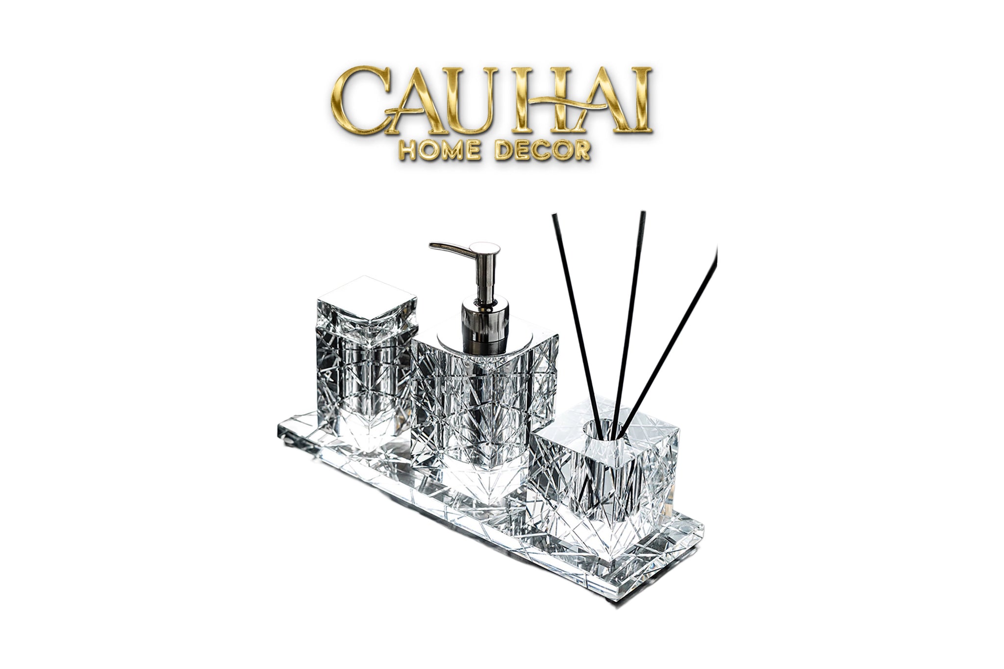 Maison Couture - Set Nhà Tắm Pha Lê Lumière Cristalleries Bathroom Vanity Set - Smoky Cannage Facetté Set 4pcs-PHỤ KIỆN NHÀ TẮM-CẬU HAI HOME DECOR